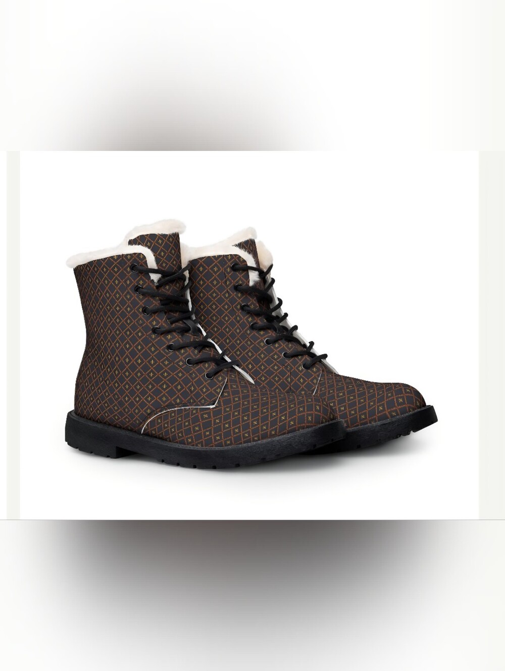 NWT Leather Women's Brown Patterned Lace-Up Ankle Boot with FAUX Fur Trim
